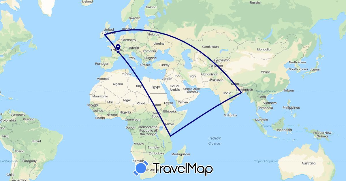 TravelMap itinerary: driving in France, Ireland, India, Tanzania (Africa, Asia, Europe)